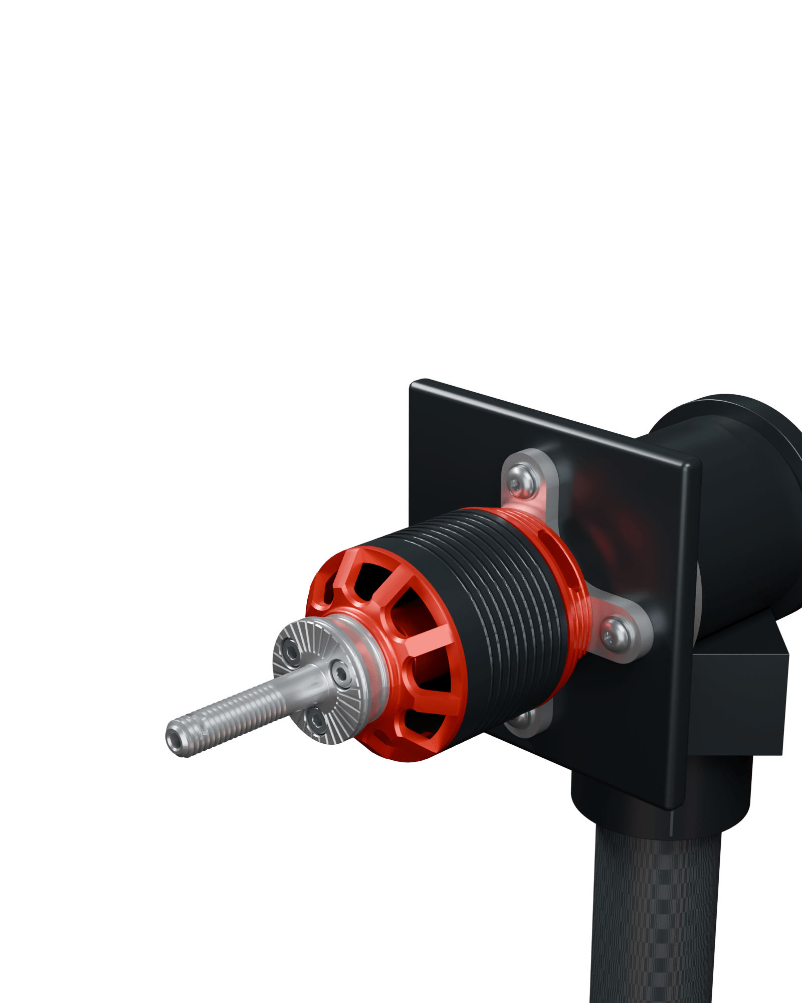 BadAss motor facing horizontally toward the viewer and left, bolted through its cross mount to a tubular thrust stand