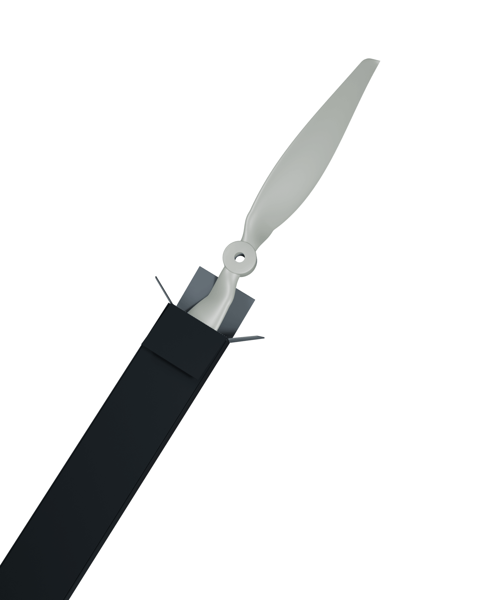 APC 12×6E propeller emerging diagonally from a wider black carton, with a blade shadow on its open flap