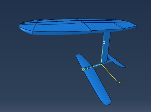 The hydrofoil assembly modeled in Abaqus, including the board, mast, fuselage and lifting surfaces