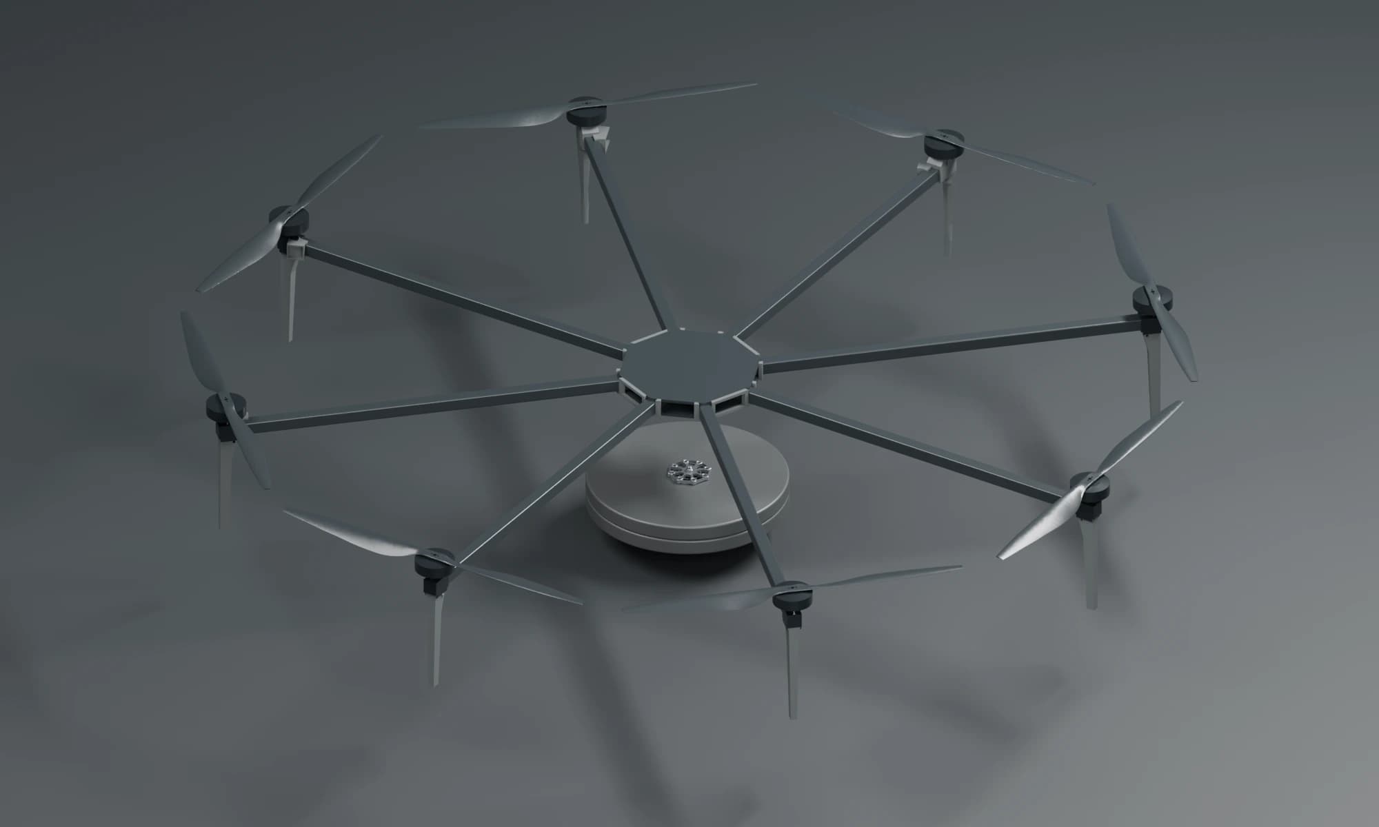 Studio render of the fully assembled DARPA octocopter, viewed from above at an angle