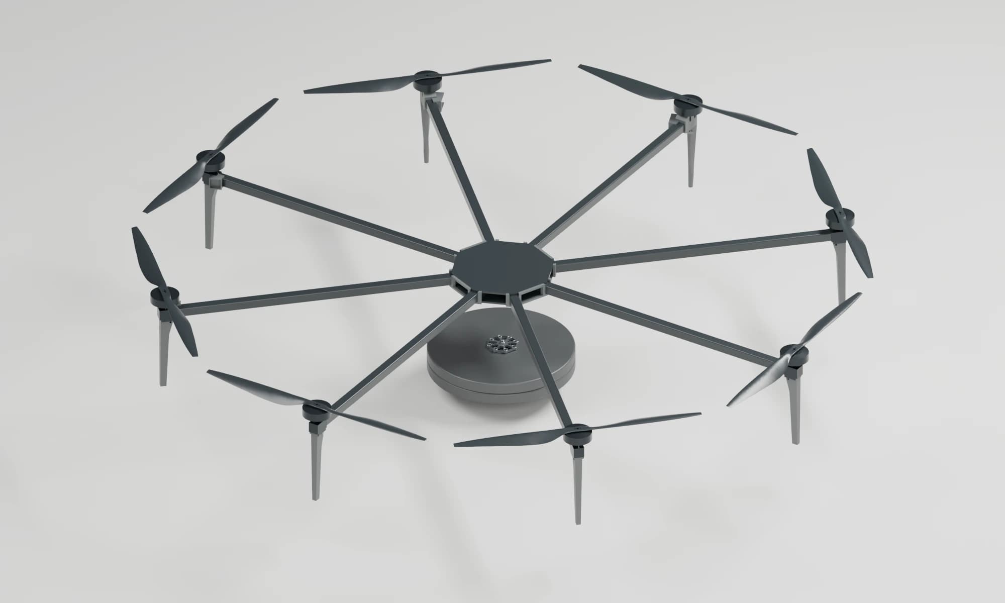 Studio render of the fully assembled DARPA octocopter, viewed from above at an angle