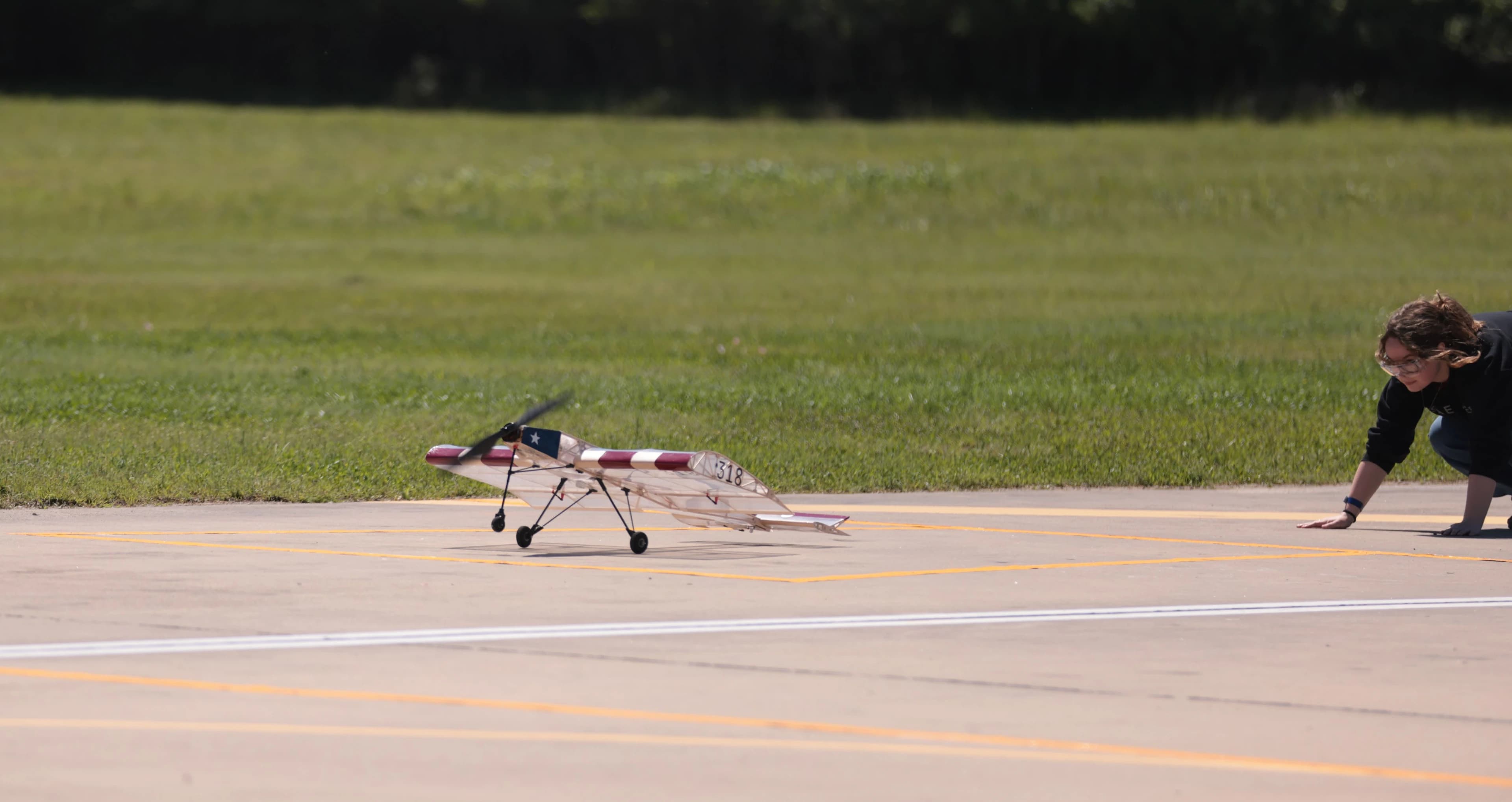 A Texas A&M Micro Class aircraft on the runway during testing